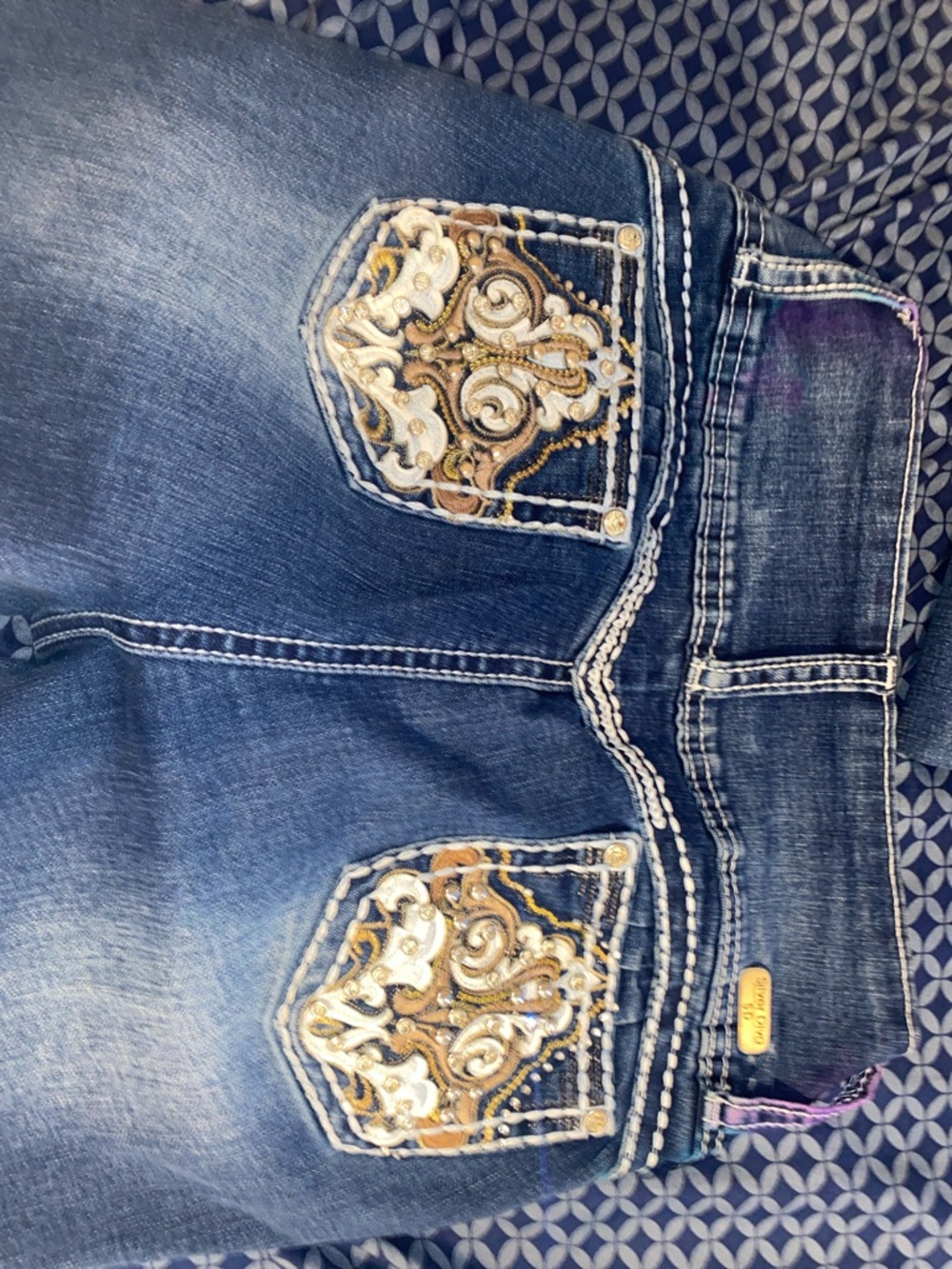 Dark Blue Boot Cut Women's Jeans with Embroidered Back Pockets